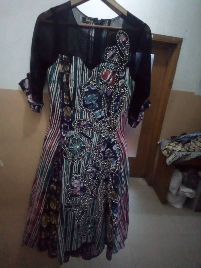 Adire short gown with rose Emb and net sleeve